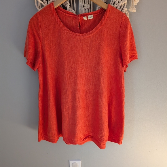Anthropologie Moth Vibrant Orange Short Sleeve Tee Button Back Cotton Blend M - Picture 2 of 7
